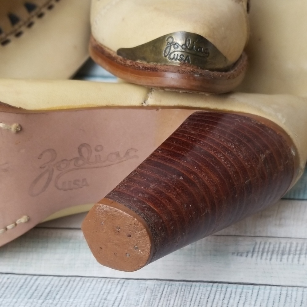 Rare 1969 Zodiac Leather KneeHigh Embroidered Steel Toe Boot Sz 8 wood heel - Picture 6 of 11